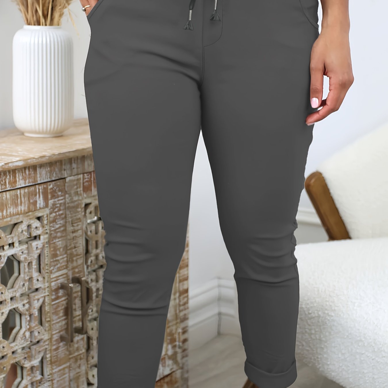 Pantalones jogger para mujer de color sólido, de poliéster elástico, con cordón en la cintura, para todas las estaciones