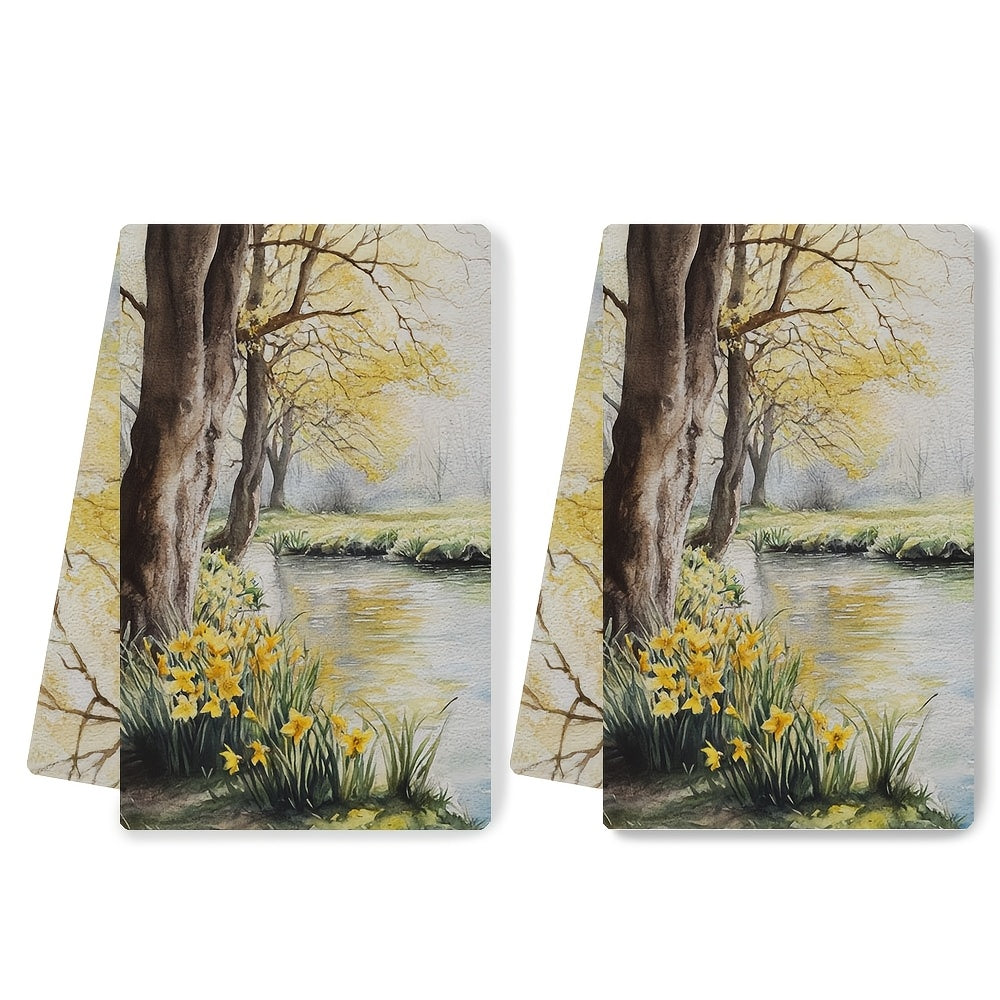 Set of 2 Spring Morning Kitchen Towels Yellow Trees Daffodils Absorbent