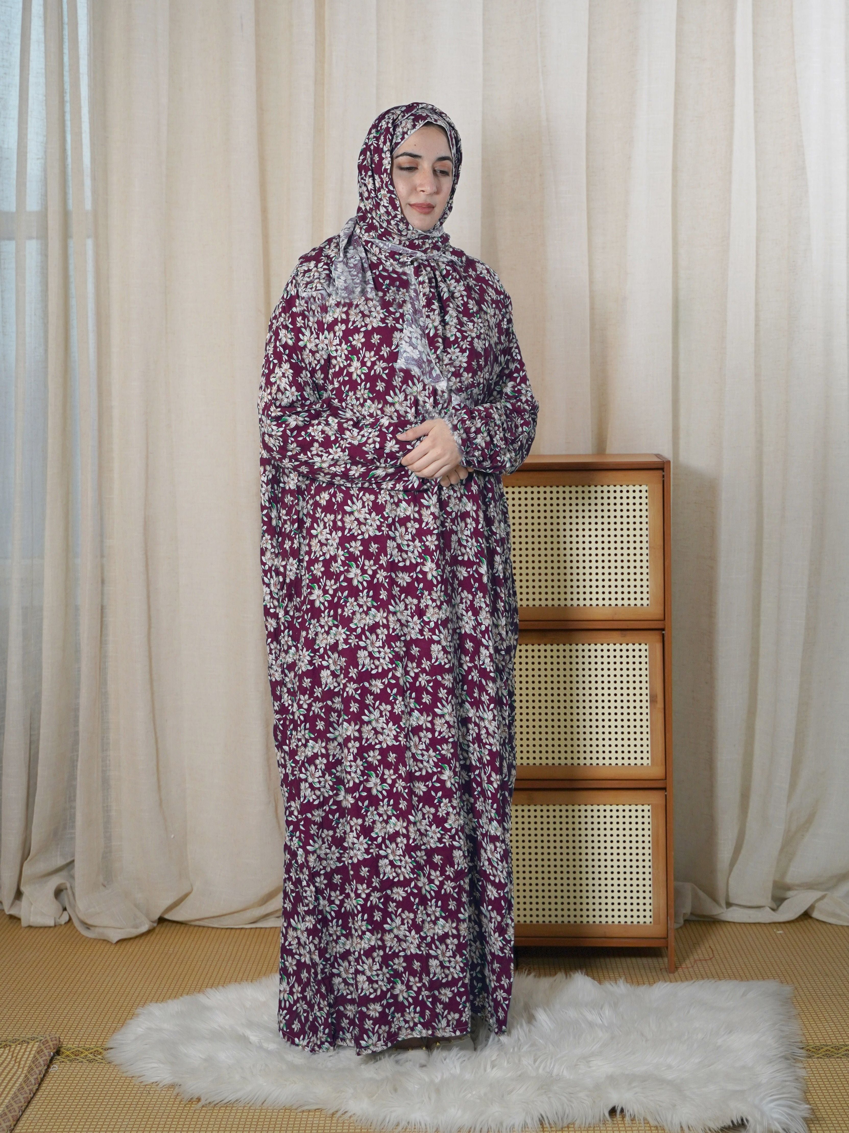 Plus Size Floral Maxi Dress Long Sleeve Hijab Cover-Up Women
