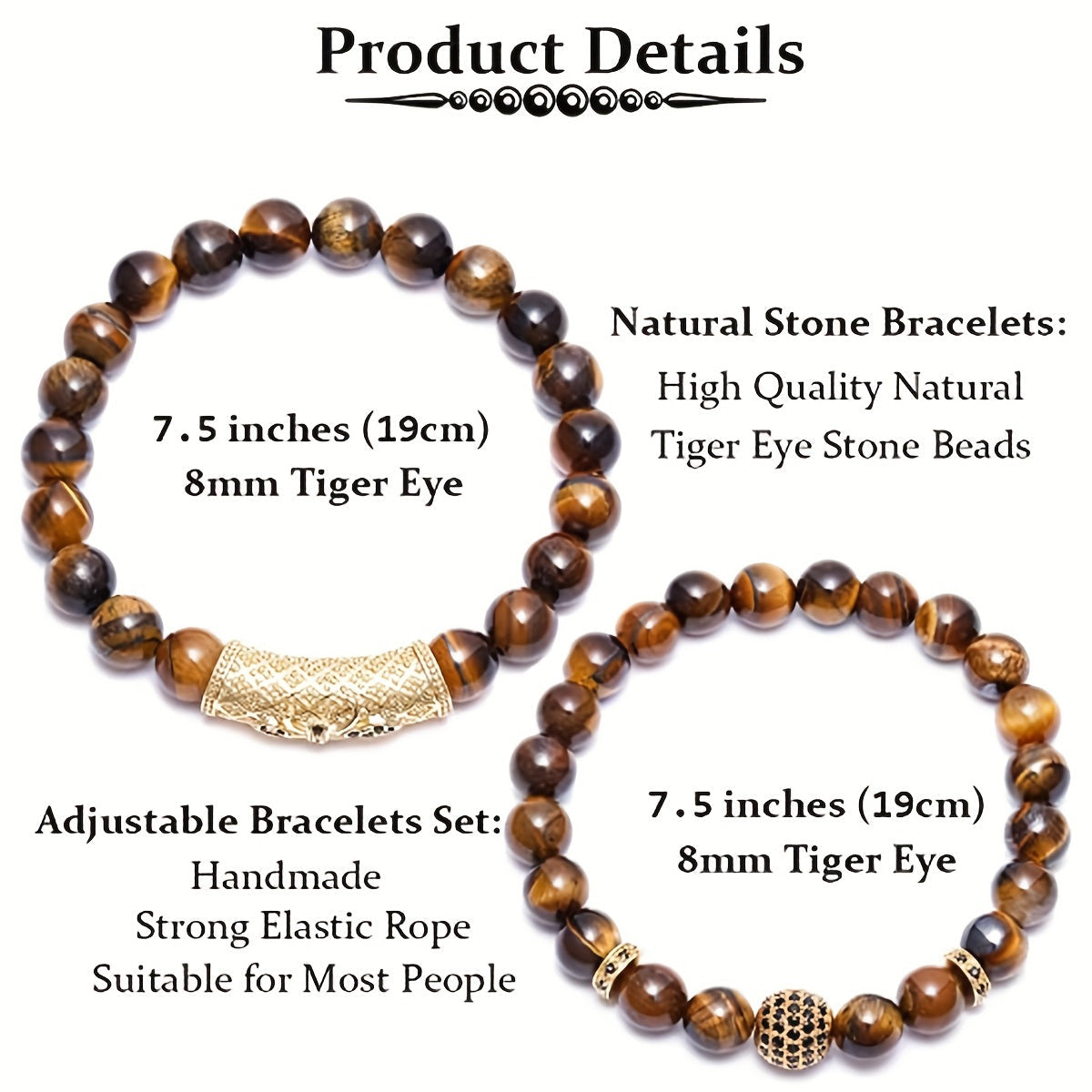 Set of 2 Tiger Eye Beaded Bracelets 8mm Stretchy Yoga Accessories for Men