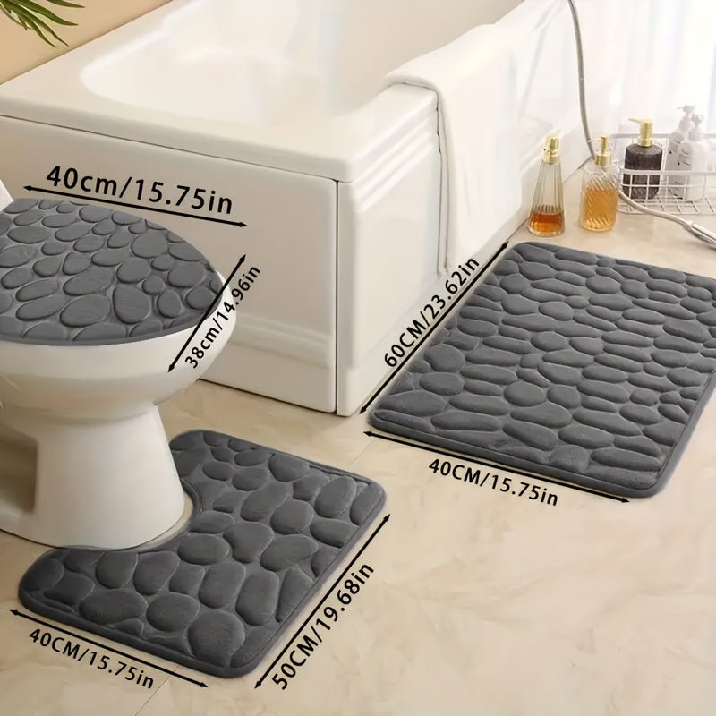 3-Piece Memory Foam Bath Mat Set Non-Slip Coral Fleece Geometric Pattern Machine Washable