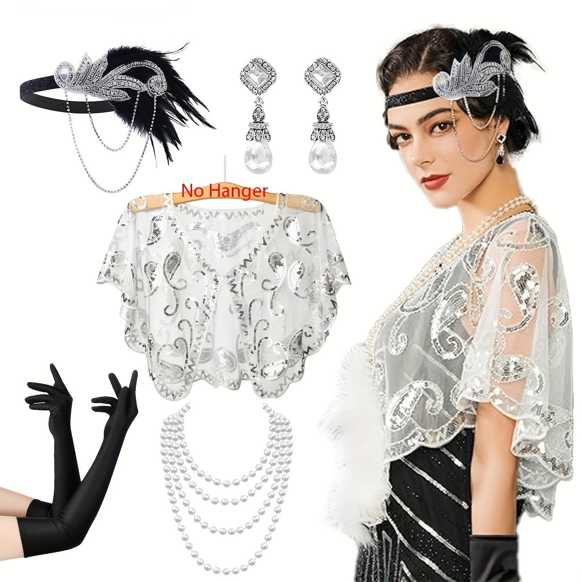 Women's 1920s Flapper Costume Accessory Set Headband Shawl Earrings Gloves for Roaring 20s Parties