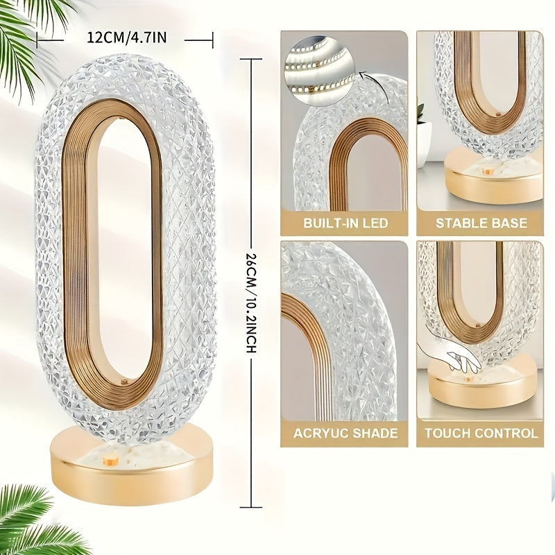 Oval Crystal Table Lamp with USB Charging and LED Light for Bedroom or Office Decor