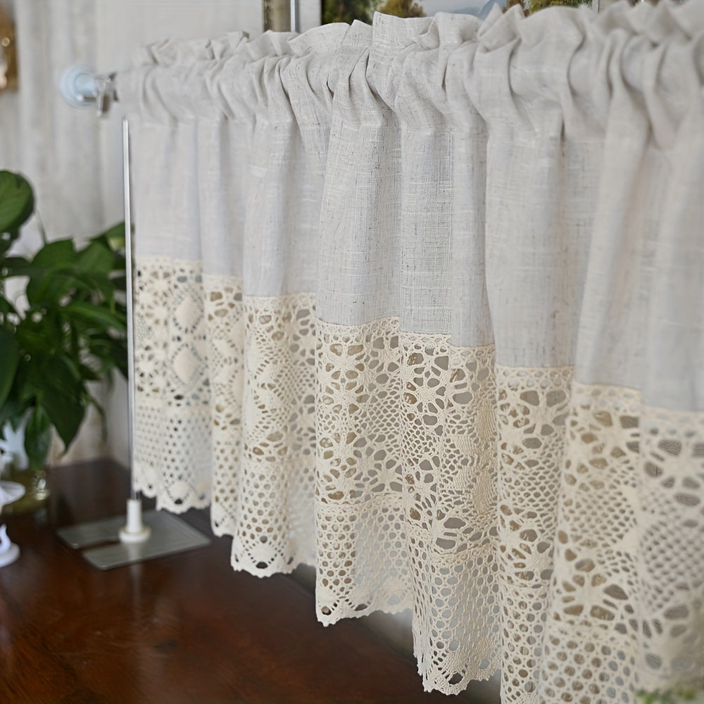 Vintage-Inspired Polyester Crochet Short Curtain with Splicing Detail for Kitchen