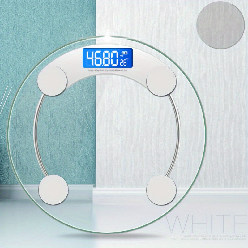 Round digital bathroom scale with glass platform blue backlight display modern design