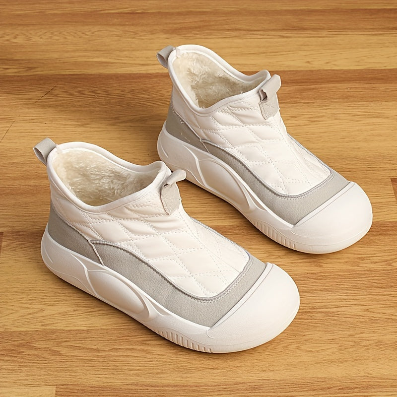 Unisex Fleece-Lined Snow Boots Quilted Winter Shoes Beige