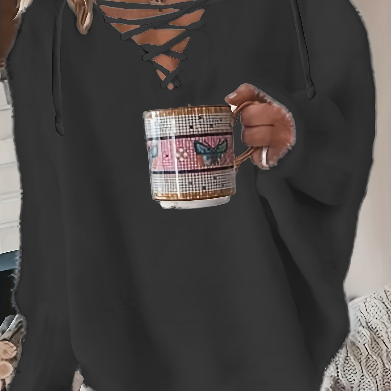 Свитер женский больших размеров с V-образным вырезом и рукавами баттерфляй, черный, универсальный для всех сезонов, уютный пуловер