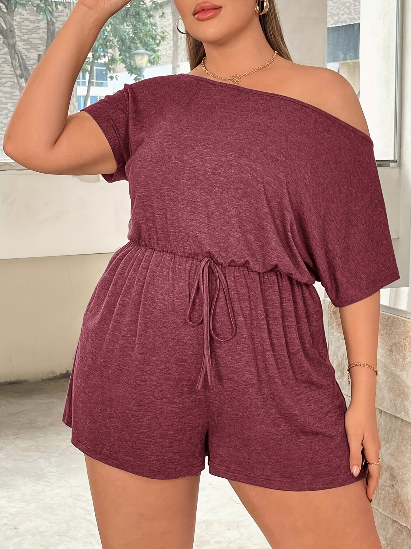 Women's Maroon Off-Shoulder Jumpsuit with Pockets Short Sleeve Romper