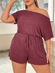Women's Maroon Off-Shoulder Jumpsuit with Pockets Short Sleeve Romper
