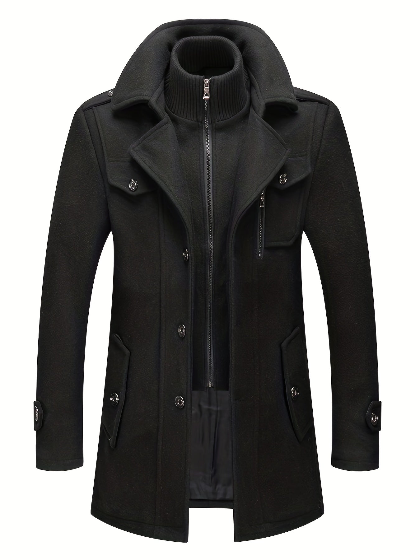 Plus Size Men's Double Collar Wool-Polyester Jacket with Faux Pockets for Fall Winter