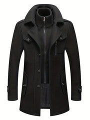 Plus Size Men's Double Collar Wool-Polyester Jacket with Faux Pockets for Fall Winter