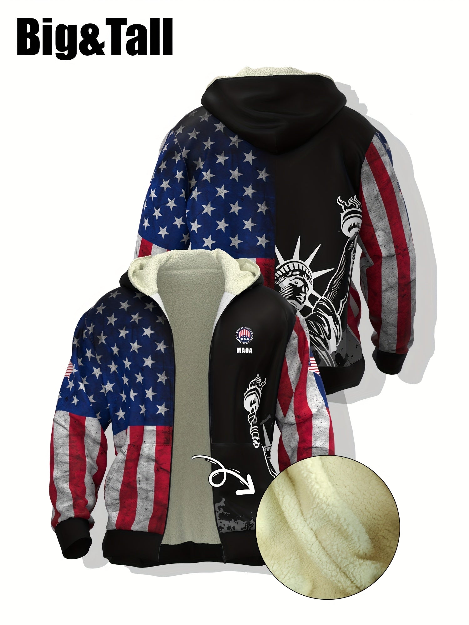 Erkaklar uchun Amerika bayrog'i va Ozodlik haykali printi bilan bezatilgan kapüşonli patriotik kurtka, katta va baland o'lchovlar, shamol to'suvchi uslub, polyester bilan astarlangan, tasodifiy, qo'l bilan yuvish yoki quruq tozalash, plus o'lchov.