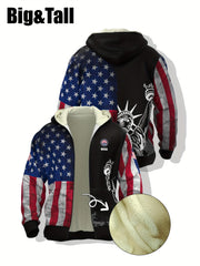 Erkaklar uchun Amerika bayrog'i va Ozodlik haykali printi bilan bezatilgan kapüşonli patriotik kurtka, katta va baland o'lchovlar, shamol to'suvchi uslub, polyester bilan astarlangan, tasodifiy, qo'l bilan yuvish yoki quruq tozalash, plus o'lchov.