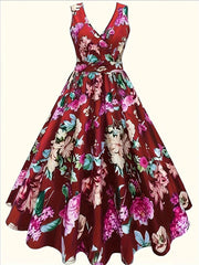 Women's Floral Print V-Neck Tank Dress for Spring and Summer Sleeveless A-Line Polyester