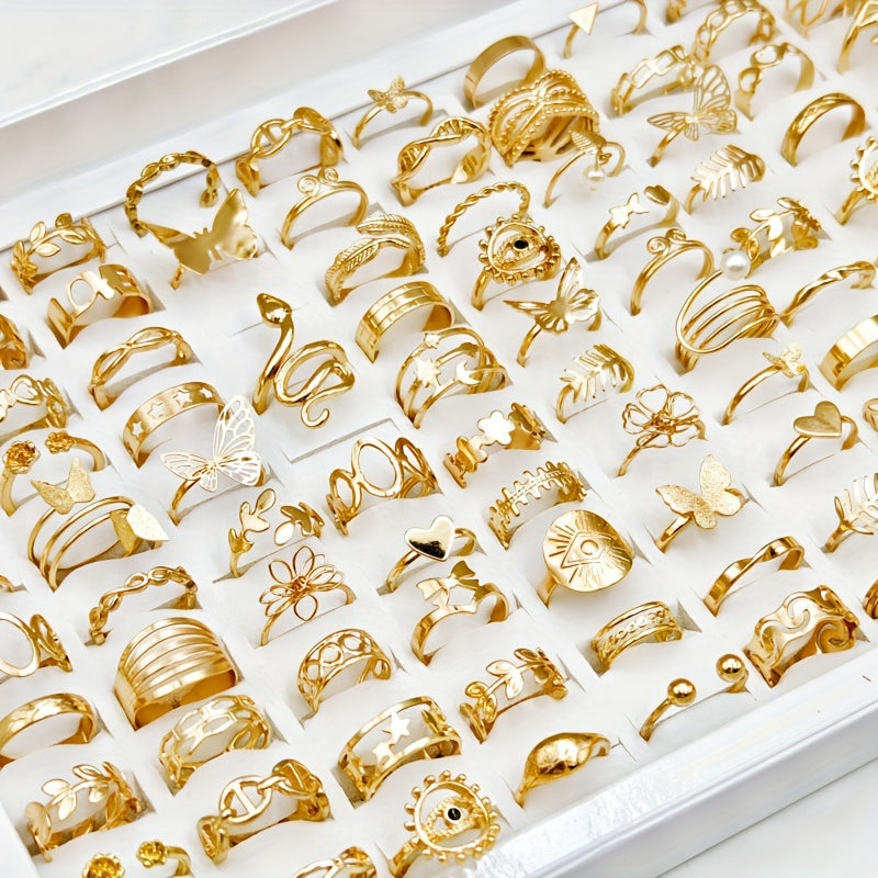 50 ta Ayollar uchun Hashamatli Oltin Qotishma Halqalar to'plami - Nafis va Qadimiy Qush va Ilon Dizaynlari bilan - Oddiy kiyim va Maxsus tadbirlar uchun ideal