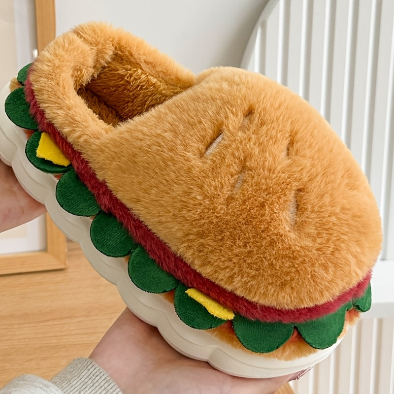 Unisex Plush Slippers Winter Warm Soft Fabric EVA Sole Playful Hamburger Design