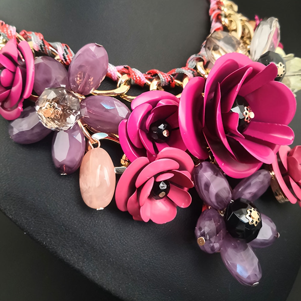 Women’s Metal Collarbone Chain Necklace with Floral Design and Crystal Pendant