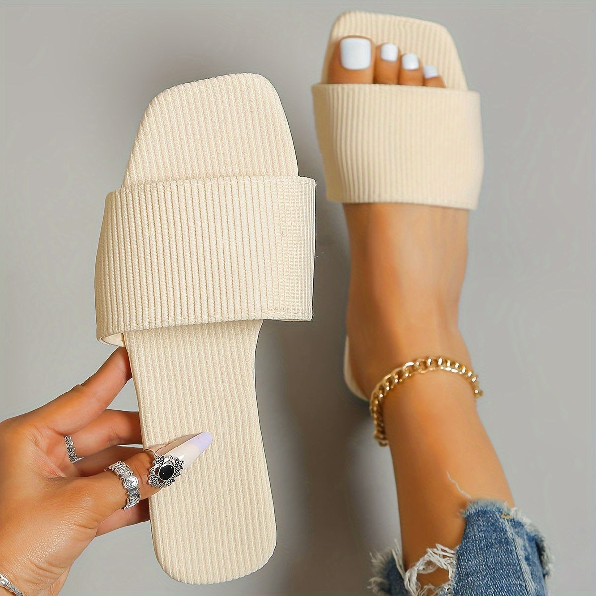 Women's Solid Color Slide Sandals Cushion Flat Summer Shoes Open Toe