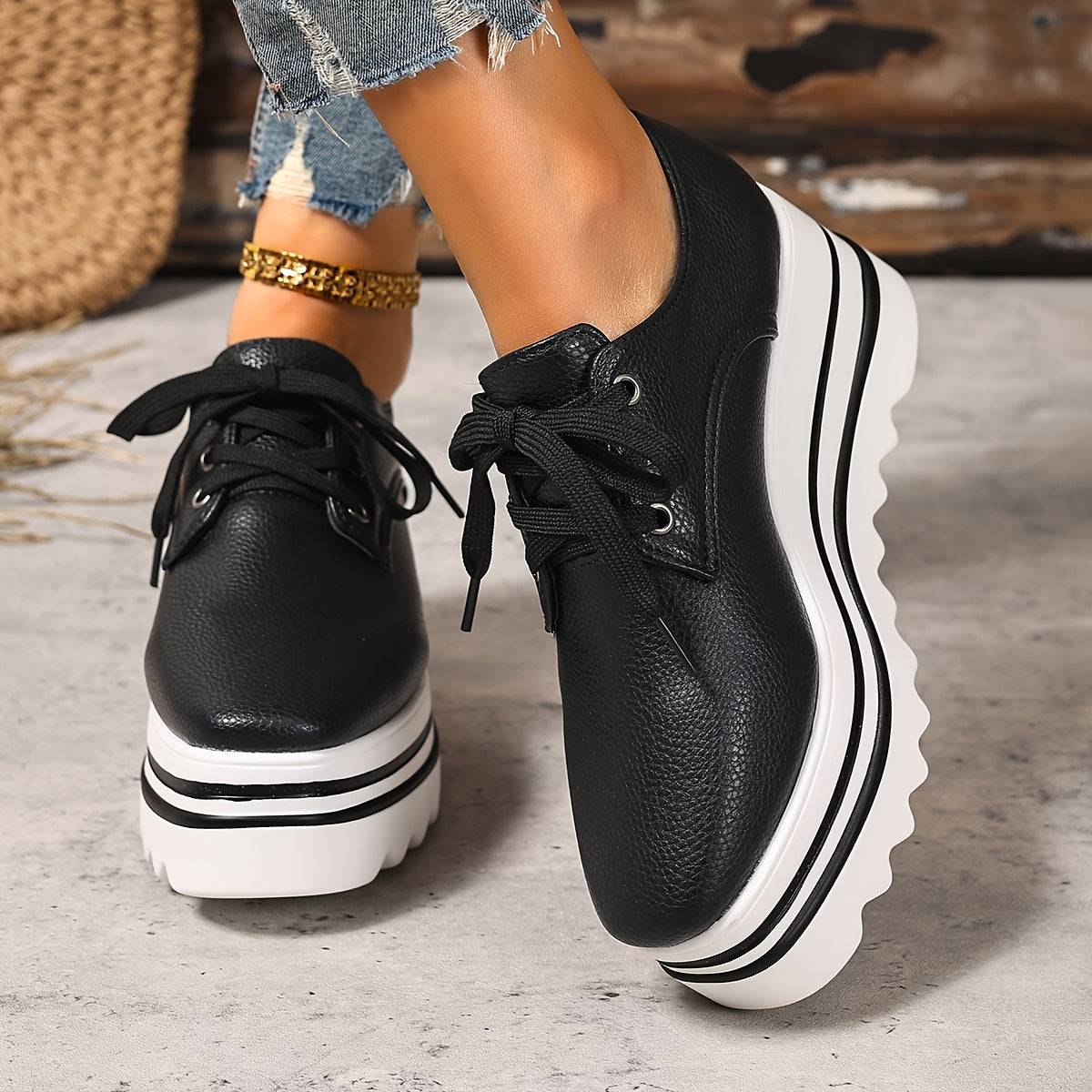 Women's White Synthetic Chunky Platform Lace-Up Shoes with Hidden Heel