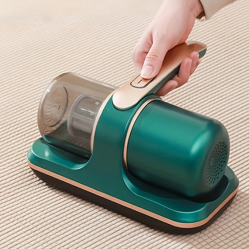 Портативный пылесос с высокой мощностью, беспроводной и перезаряжаемый через USB, идеально подходит для очистки кровати, дивана и ковров. Оснащен передовой системой фильтрации, LED-дисплеем и стильным зеленым и золотым дизайном.