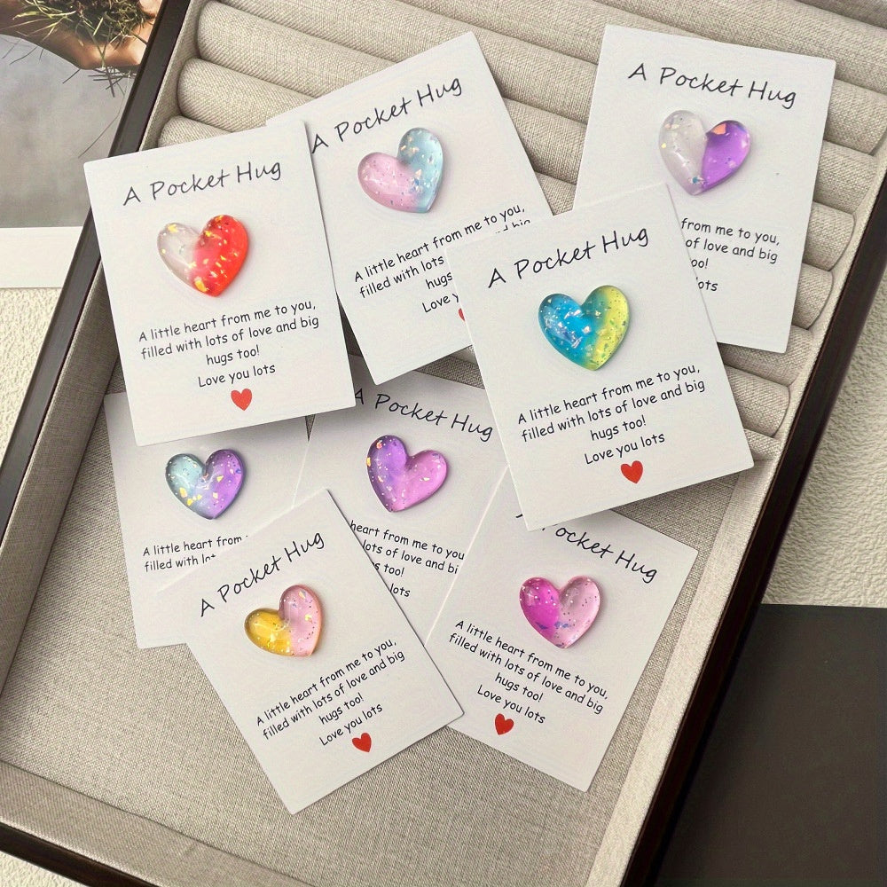 Set of 8 Heart-Shaped Resin Charms with Encouraging Cards and Mementos for Family and Friends