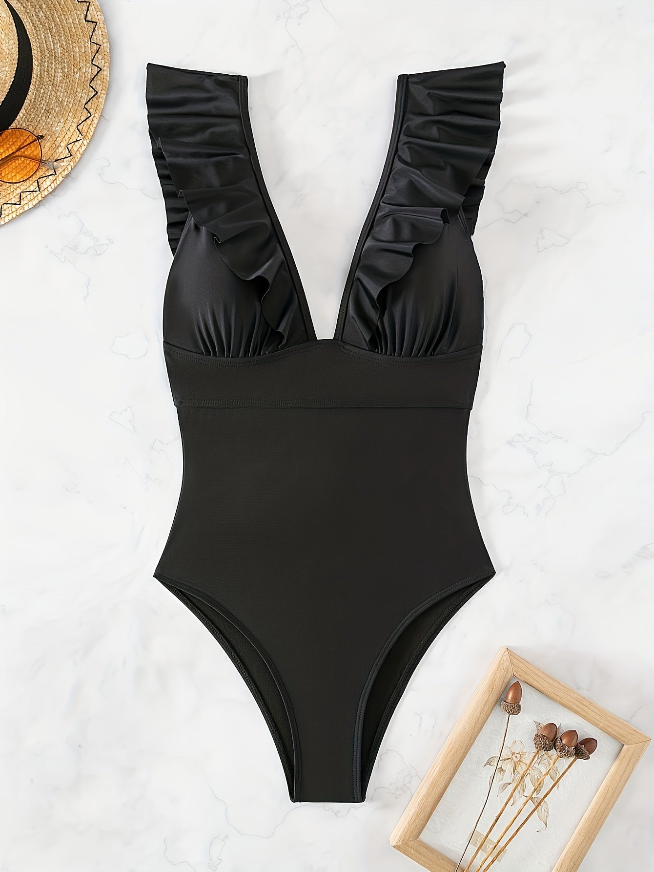 Women's Red One-Piece Swimsuit V-Neck Ruffled High Stretch Removable Pads