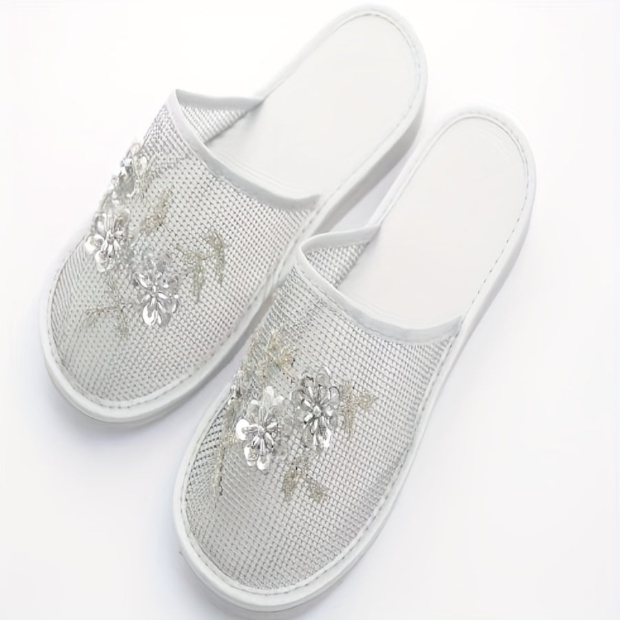 Women's Beaded Floral Slides Lightweight Summer Indoor Shoes Breathable Mesh Almond Toe EVA Sole