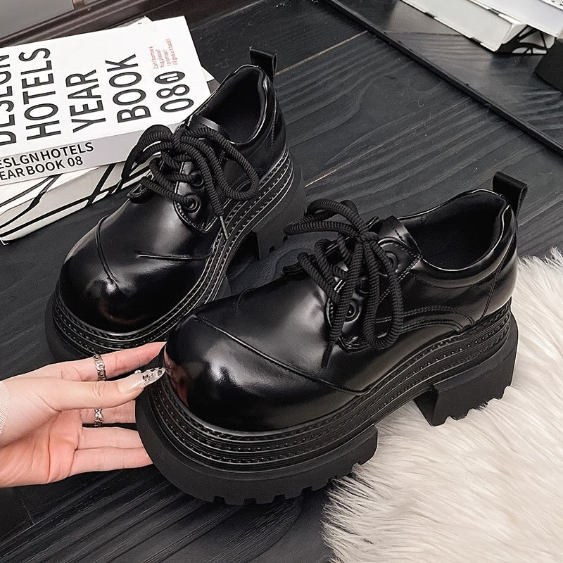 Women Chunky Platform Oxford Shoes Brown Lace-Up Ankle Boots Non-Slip Rubber Sole