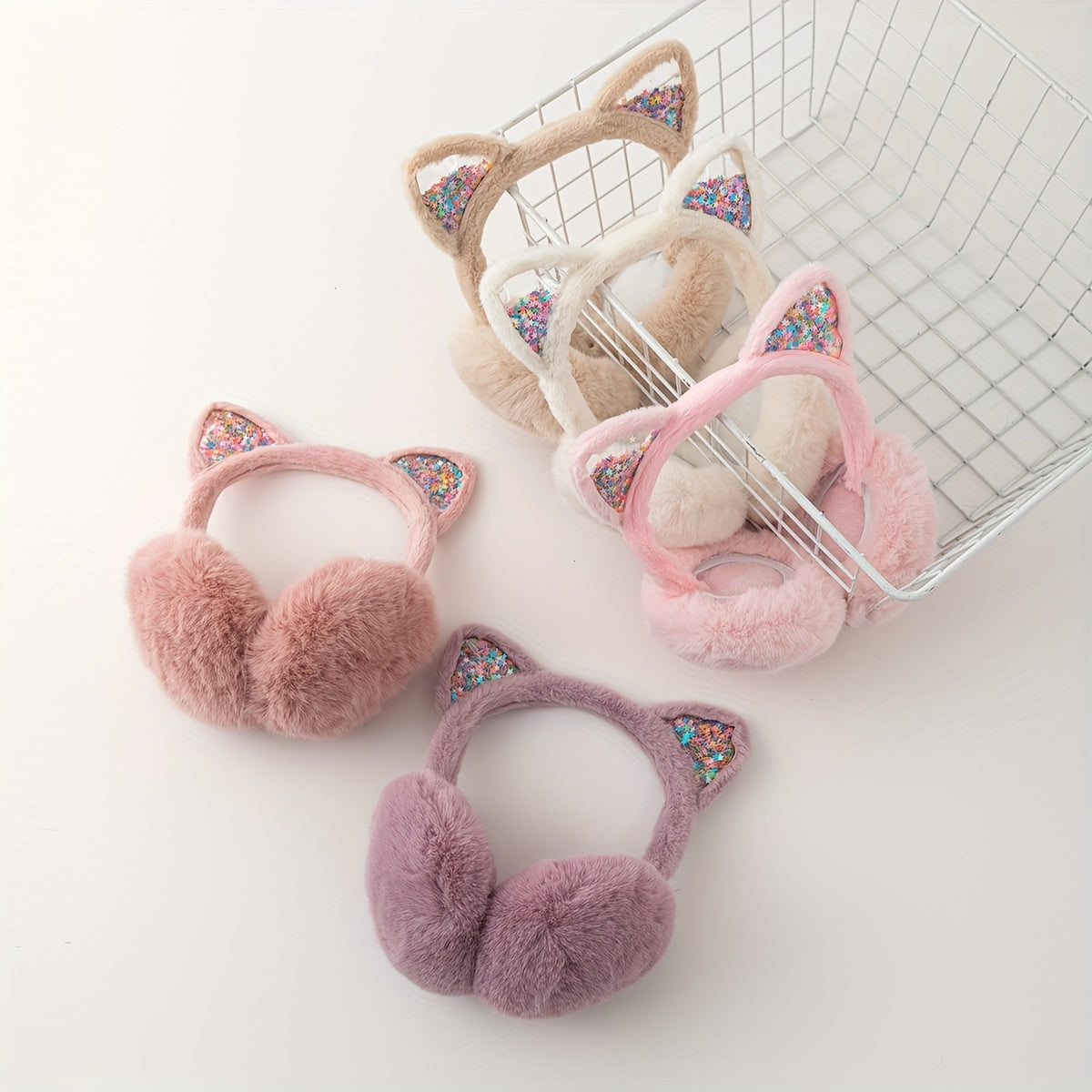 Auriculares con orejas de gato acogedoras, orejeras de peluche con pelo sintético, orejas brillantes, ropa de invierno