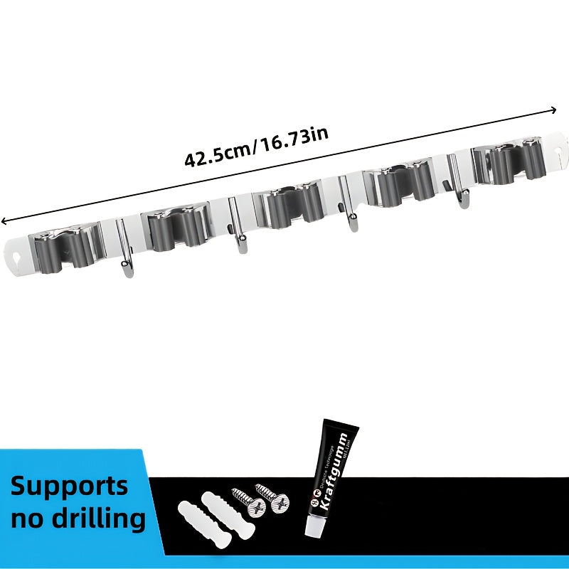 Wall-Mounted Mop and Broom Rack with 5 Clips 4 Hooks Stainless Steel