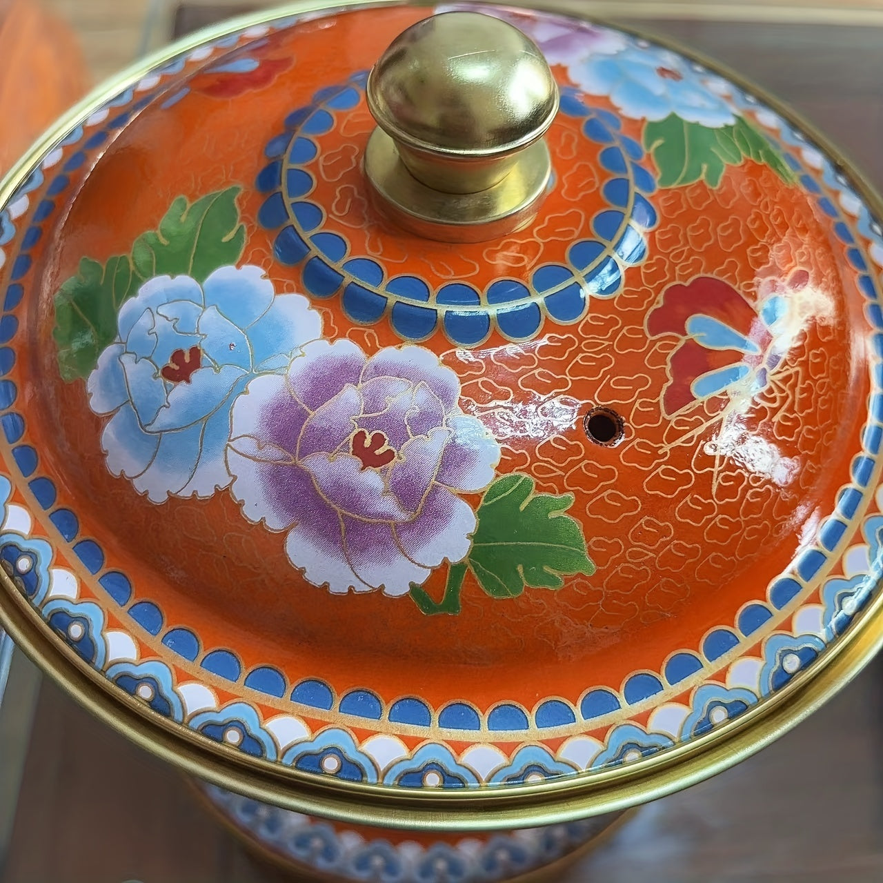 Yellow Floral Enamel Hot Pot with Brass Lining for Family or Individual Use
