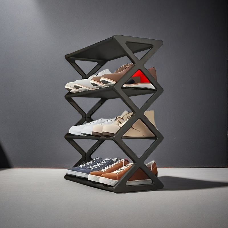 Estante para zapatos plegable negro contemporáneo de 4 niveles, organizador de suelo que ahorra espacio