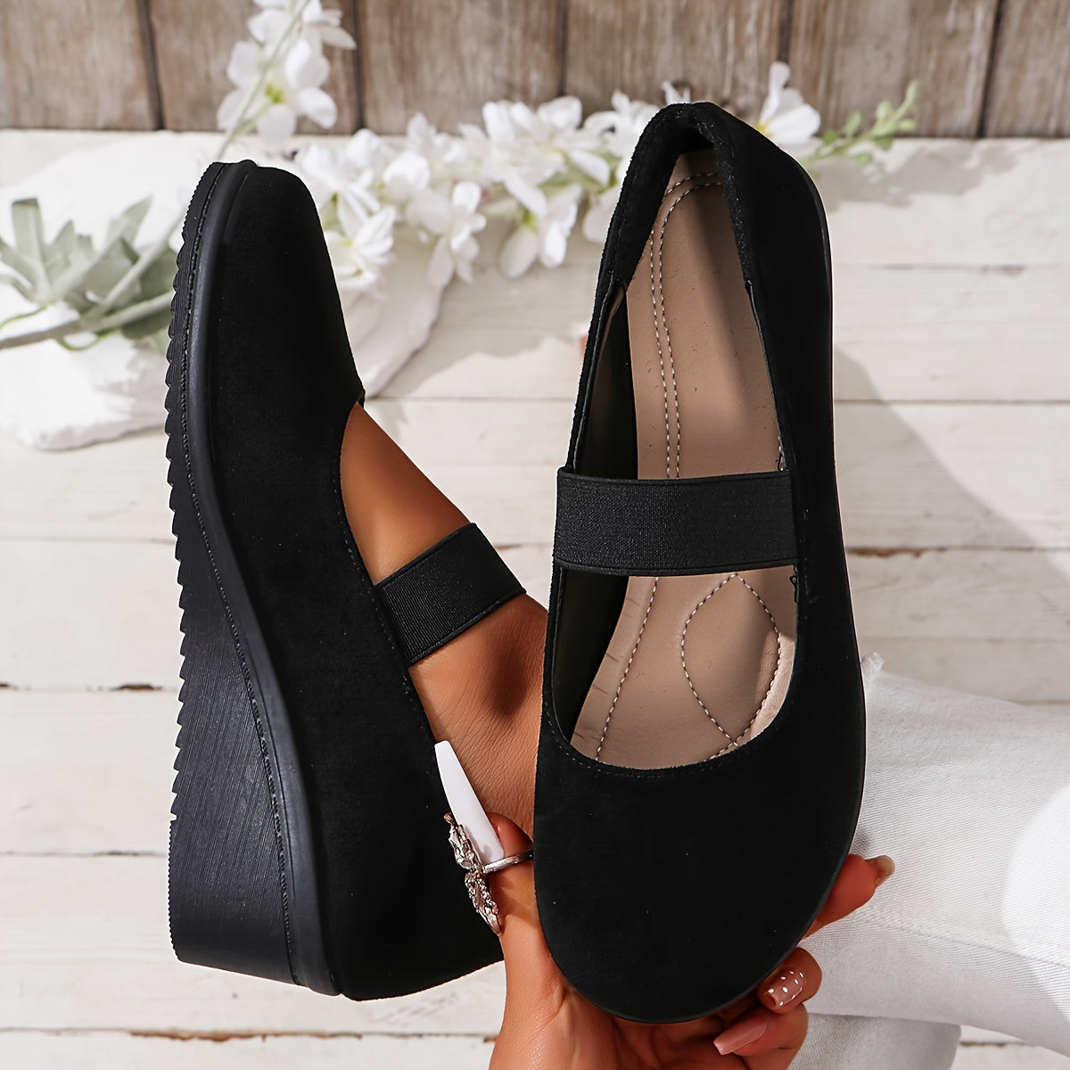 Women’s Faux Leather Thick-Heel Slip-On Wedge Platform Shoes with Back Strap