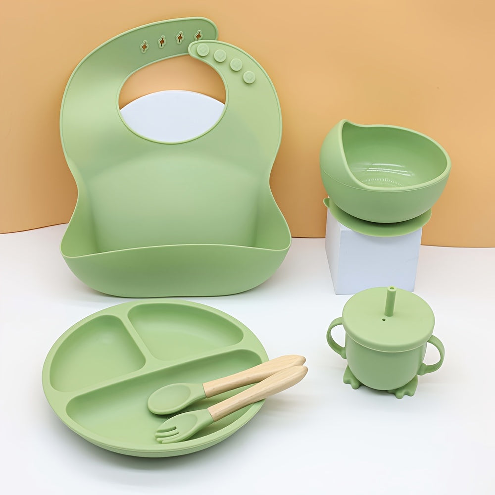 Baby Feeding Set 6 Pieces Silicone Tableware with Bowl Plate Cup Spoon Fork Red