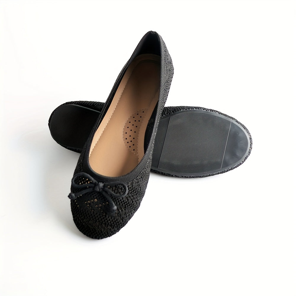 Women Slip-On Ballet Flats Breathable Knit Round-Toe Shoes Black Beige