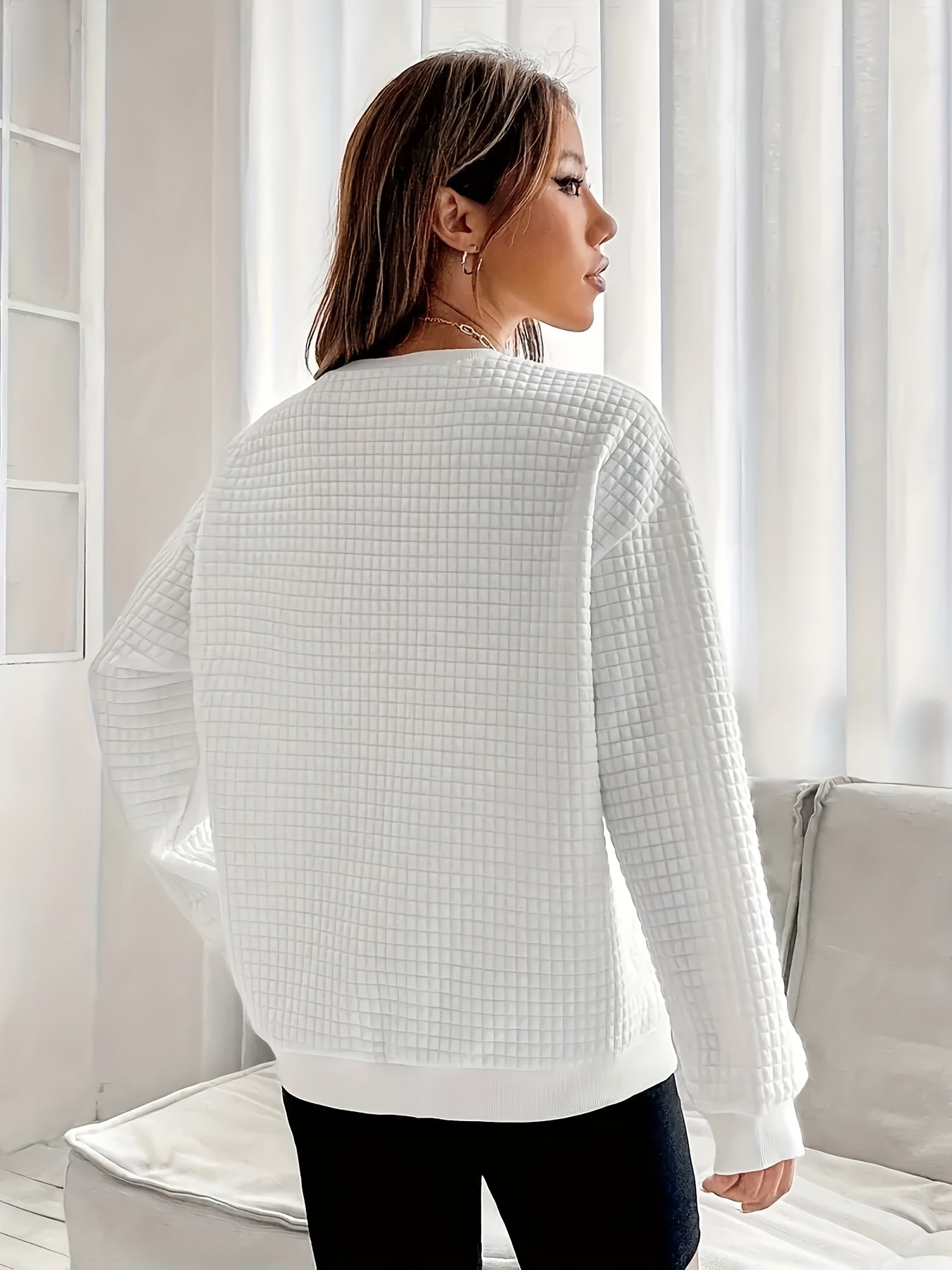 Plus Size ayollar uchun bej geometrik svitshot, kundalik kuz qish pulover