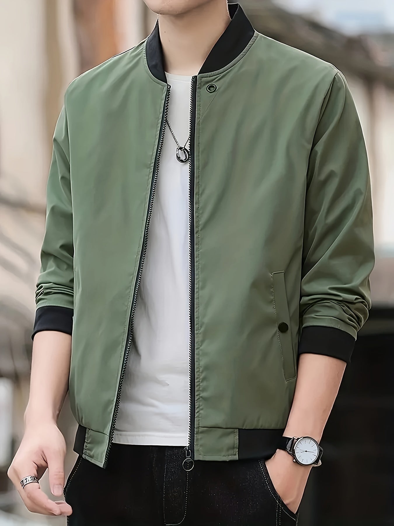 Men's Solid Color Woven Acetate Bomber Jacket with Stand Collar Lightweight Spring Fall Outerwear