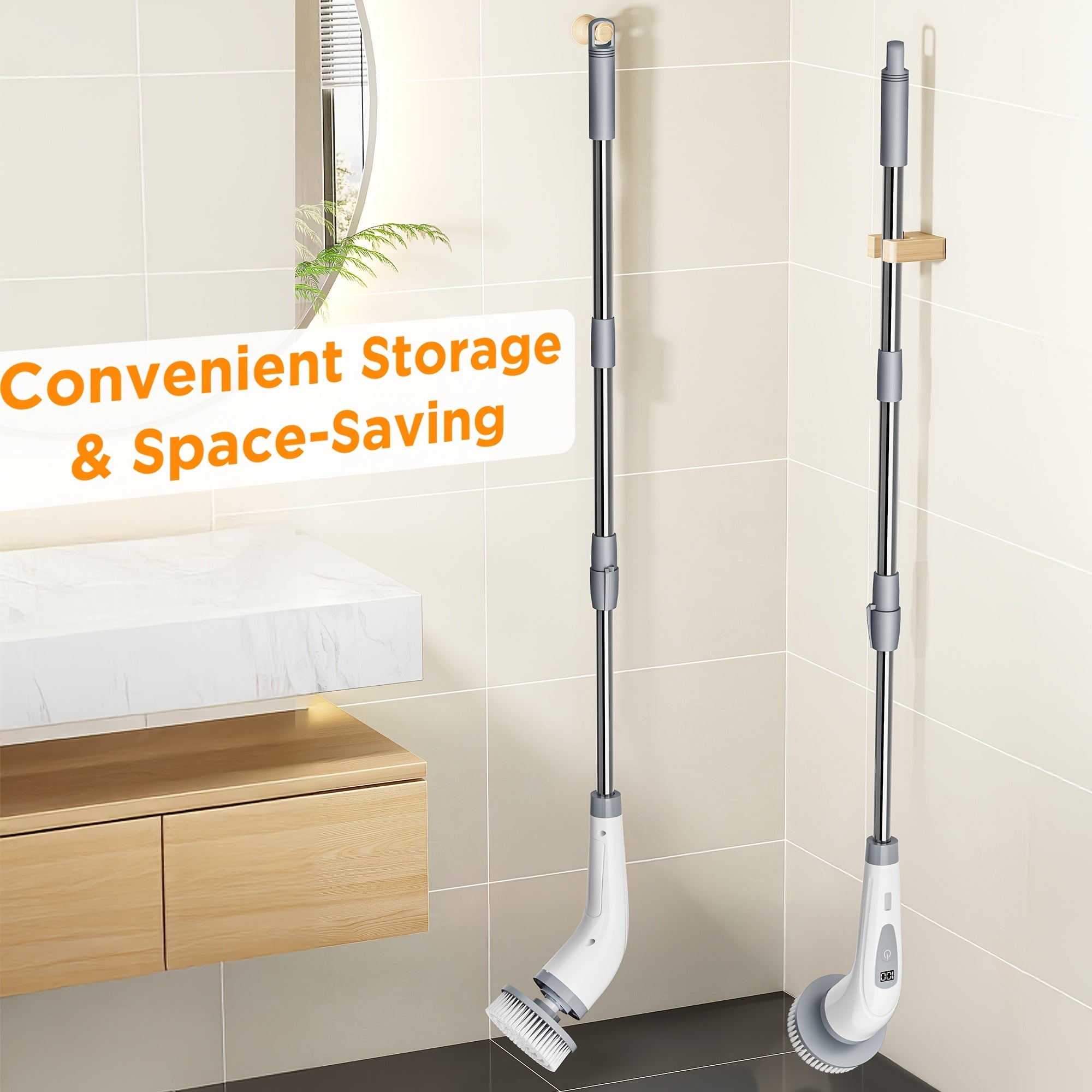 Cepillo eléctrico giratorio inalámbrico con velocidades ajustables y mango desmontable para limpieza de baño y pisos