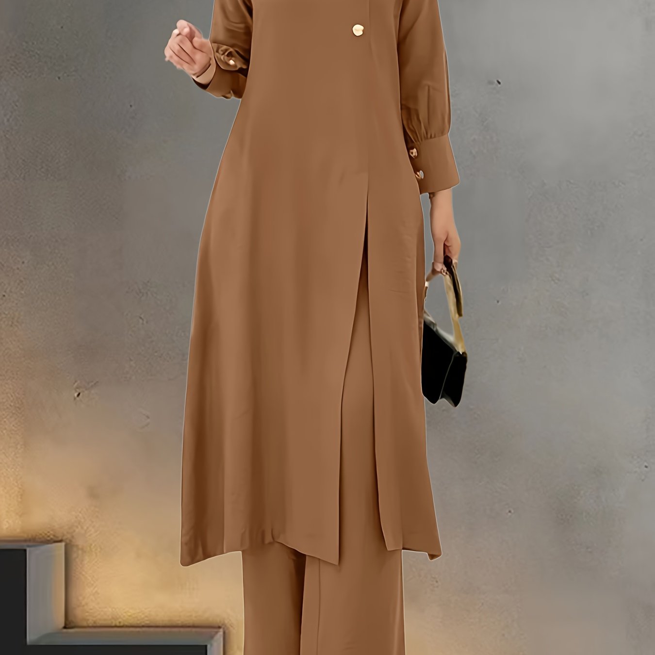 Women's Muslim Outfit Long Sleeve Button-Up Shirt Wide-Leg Pants Casual Wear Polyester