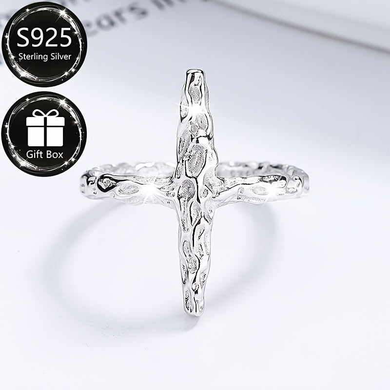 Anillo ajustable de plata de ley con cruz abierta, patrón texturizado y plegado, joyería unisex