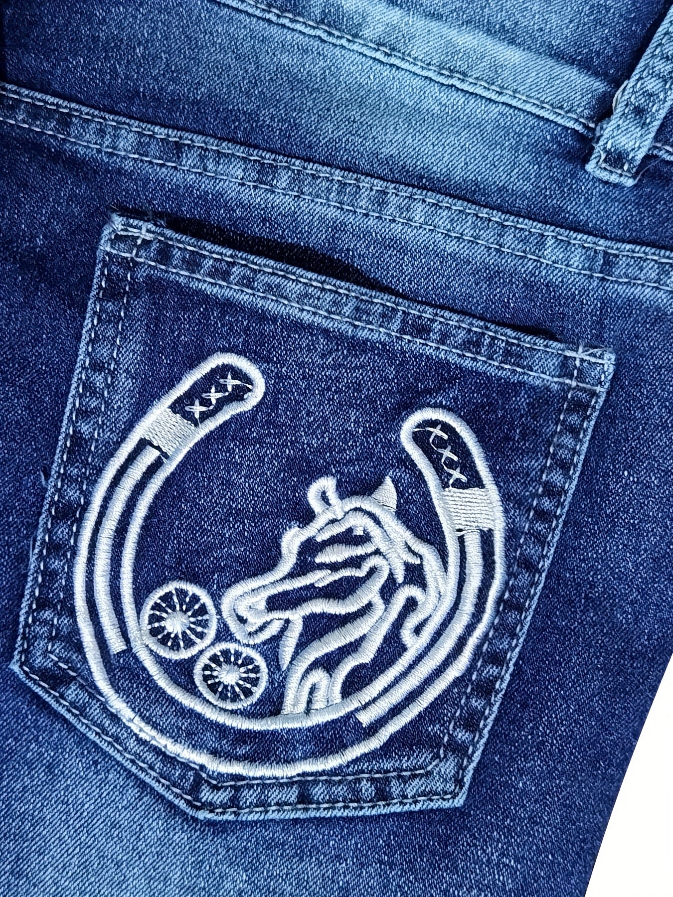 Plus-Size Blue Wash Faded Whisker Blue Jeans with Embroidery