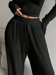 Women's High-Waist Drawstring Wide Leg Pants Solid Color Spring Fall Casual