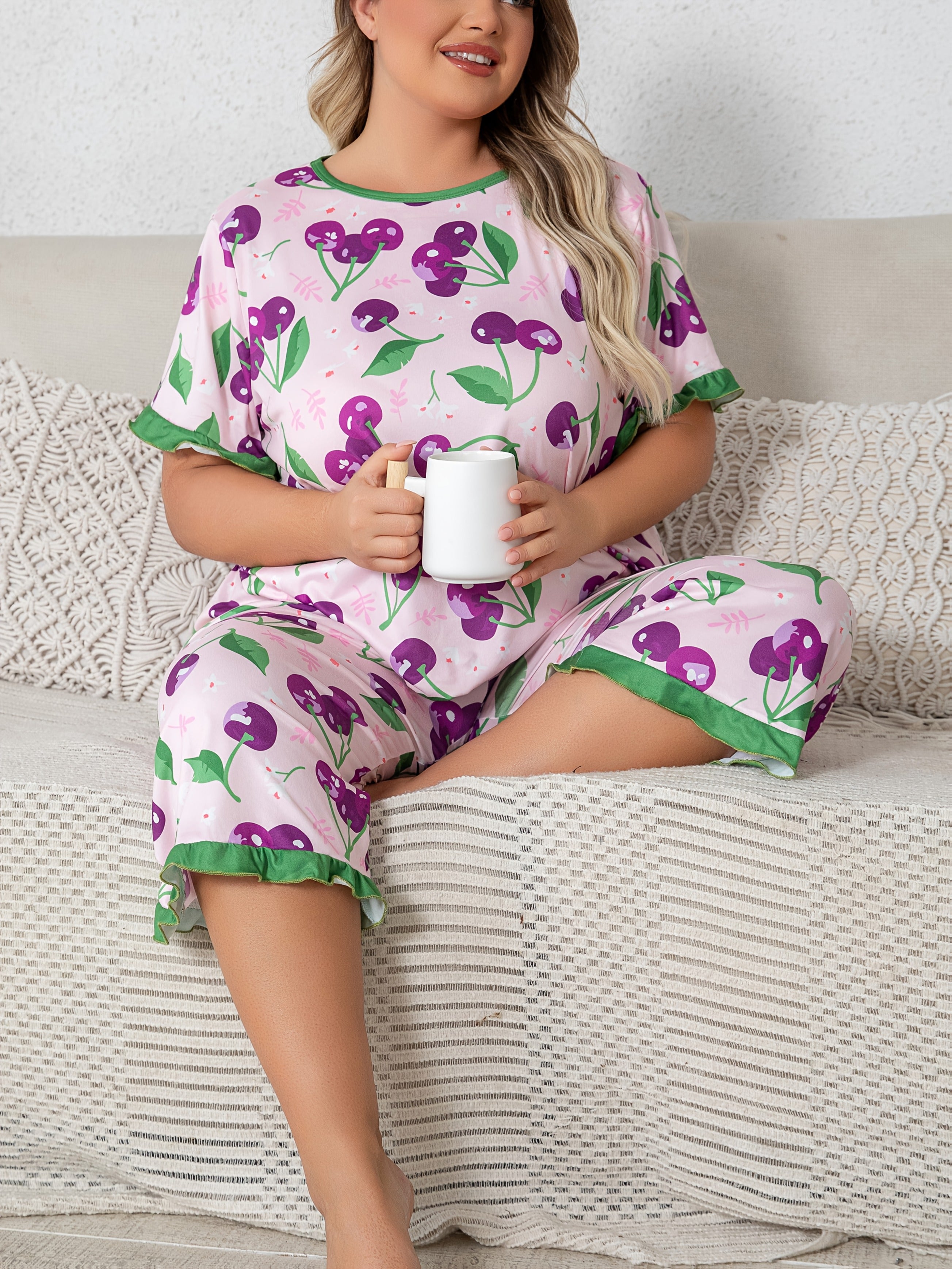 Women's Cherry Print Loungewear Set with Ruffled Sleeves and Cropped Pants