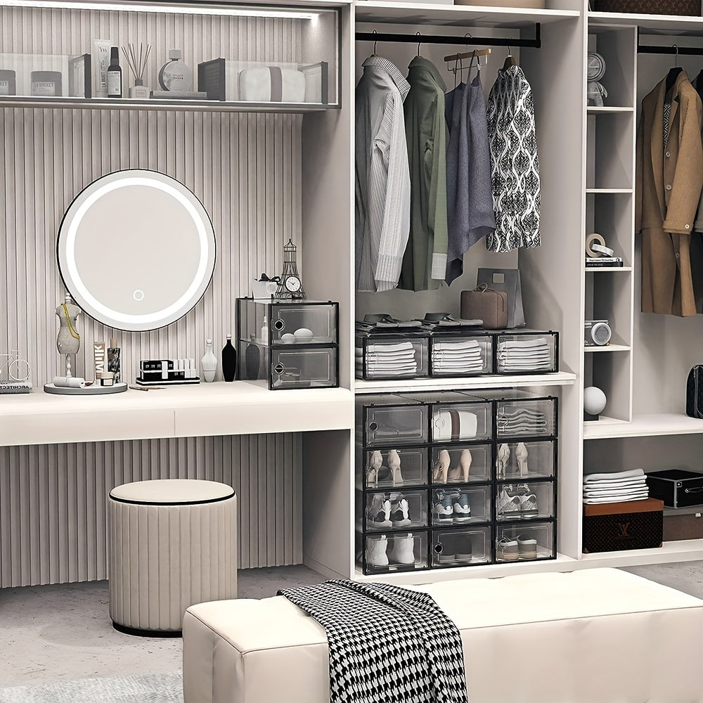 Set of 6 or 12 Clear Plastic Shoe Storage Boxes Dustproof Stackable Foldable