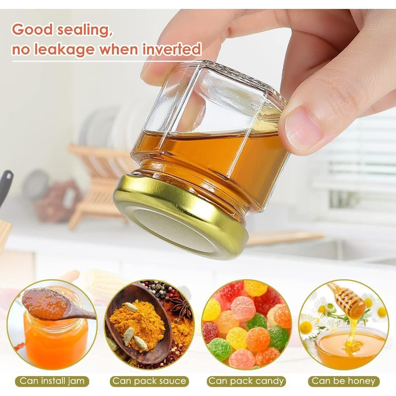 Honey Jar Set with Wooden Dipsticks Hexagonal Glass Containers Gold Lids Bee Accents for Weddings and Party Favors