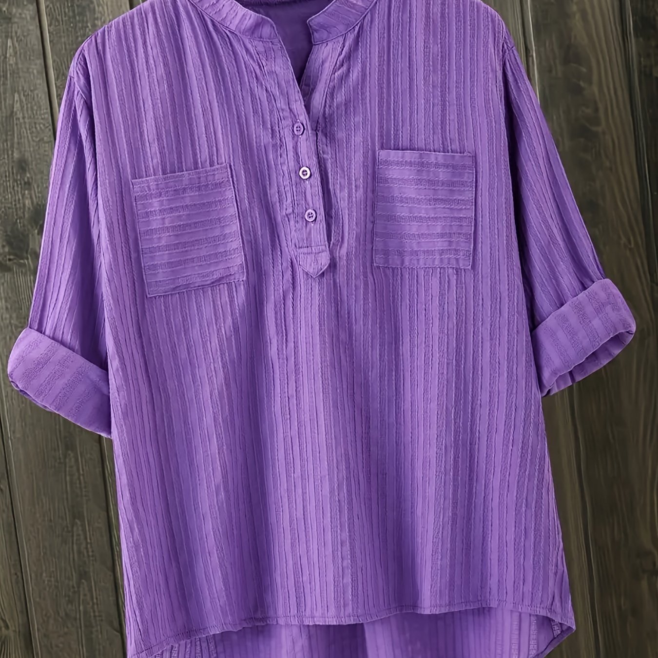 Women's White Linen Blend Shirt with Long Sleeves V-Neck Button Casual