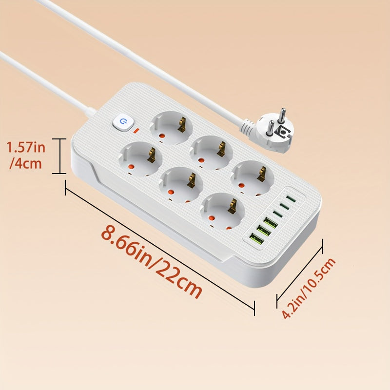 Multifunctional Power Strip with 6 Outlets 3 USB-A 3 Type-C 2M Extension Cable