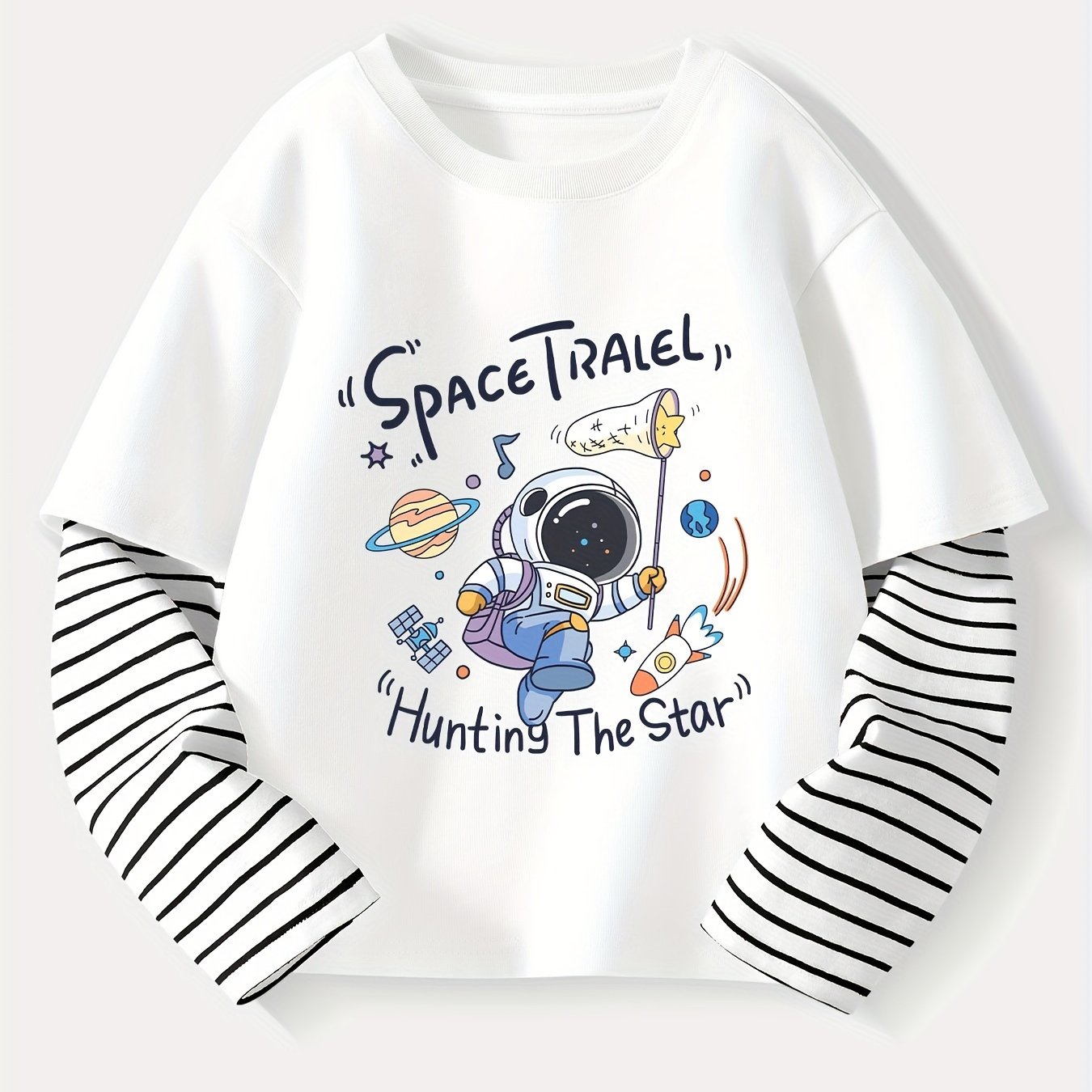 Kids Boy's Striped Long Sleeve Top with Astronaut Cartoon Print in Cotton for Spring Fall