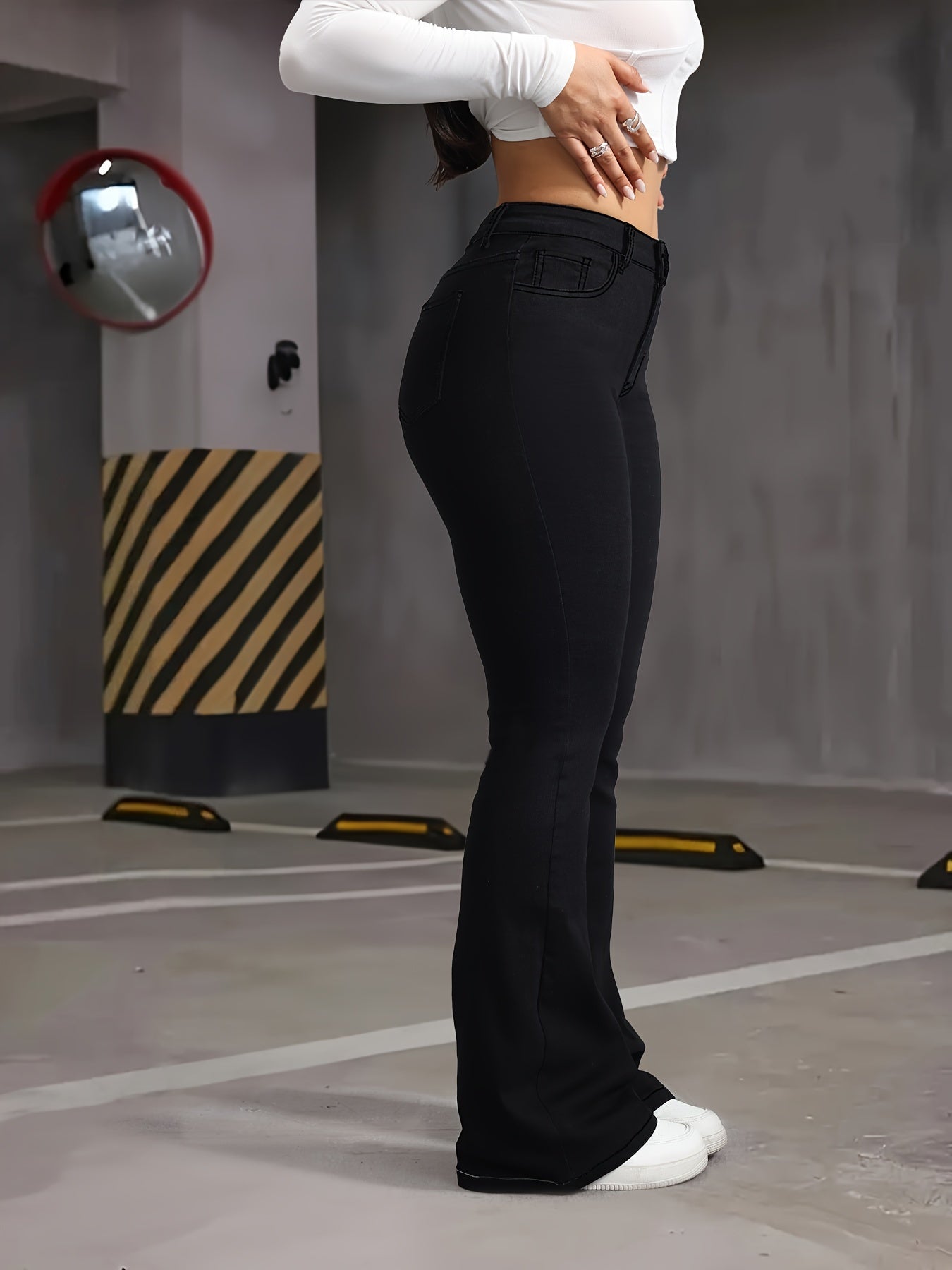 Plus Size High Waist Flare Jeans Stretch Denim Bell Bottoms Solid Color