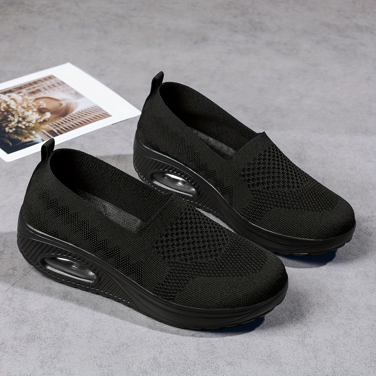 Women's Black Platform Sneakers with Air Cushion Breathable Fabric